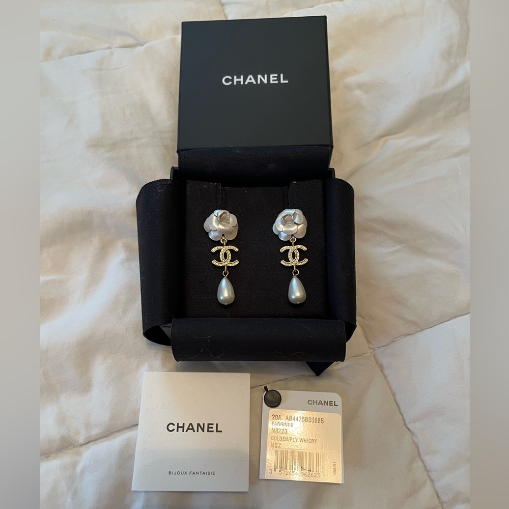 Chanel 20A White Camellia Pearl And CC Dangling Gold Earrings